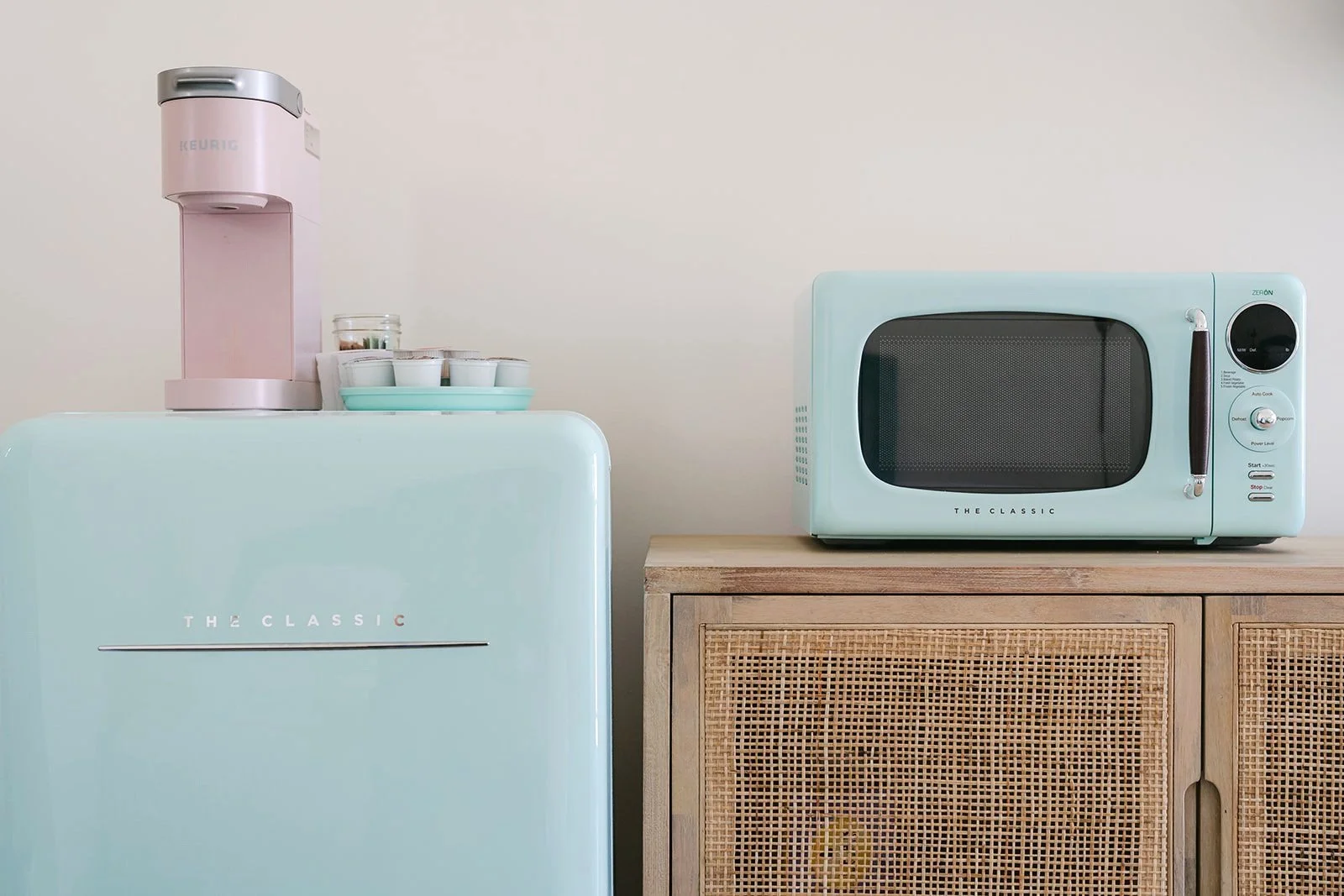 Retro-chic blue microwave and mini-fridge kitchenette